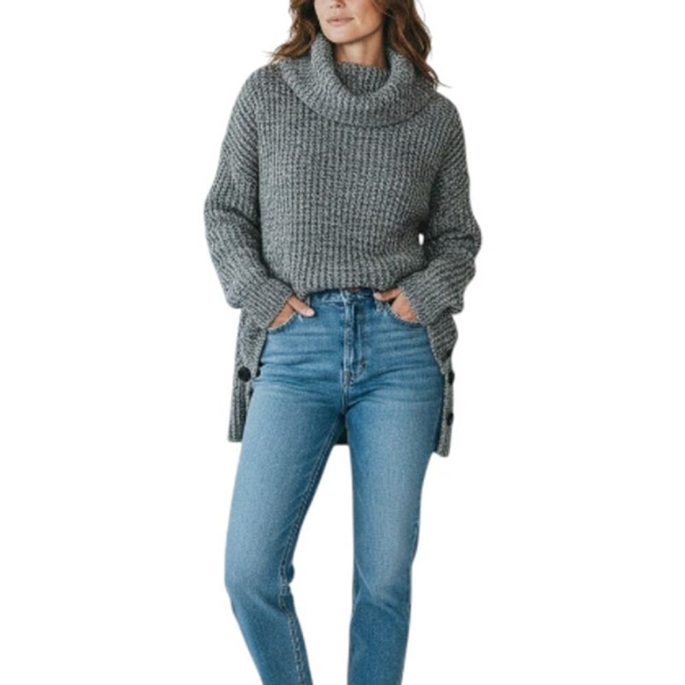 LUCKY BRAND Sweater-Tunic Sz XL Black Cowl Neck Side Button Cozy Retro Boho Y2K